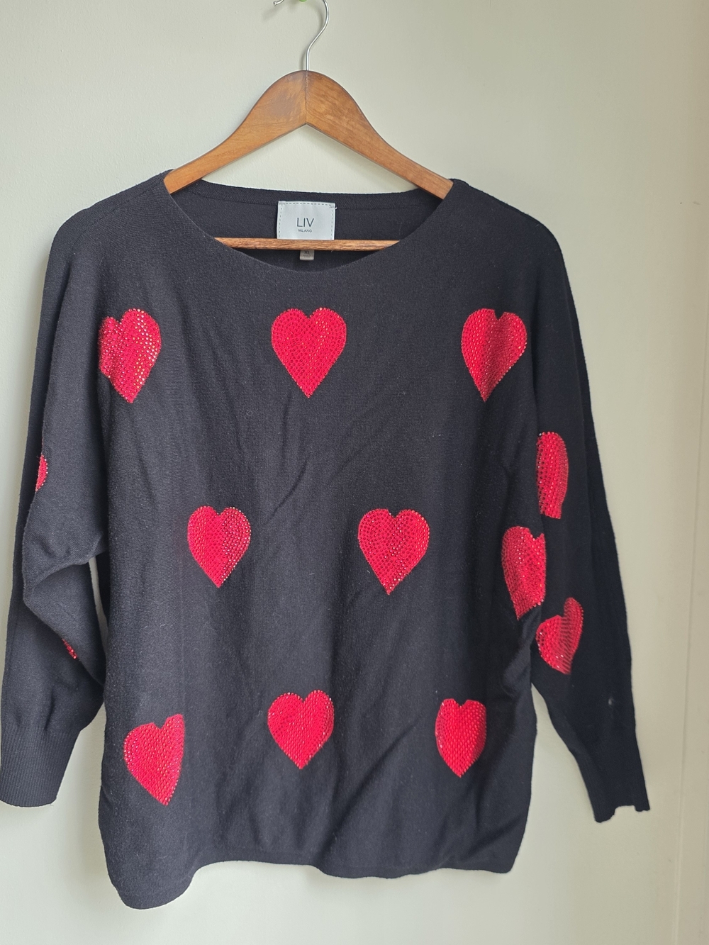 LIV Milano Black Crewneck Sweater with Red Heart Accents
